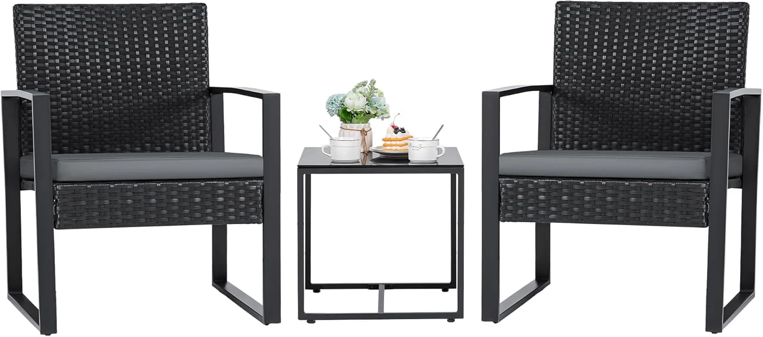 Flamaker 3 Pieces Outdoor Patio Wicker Furniture Set, Modern Rattan Chair Conversation Sets with Coffee Table for Yard and Bistro (Black)